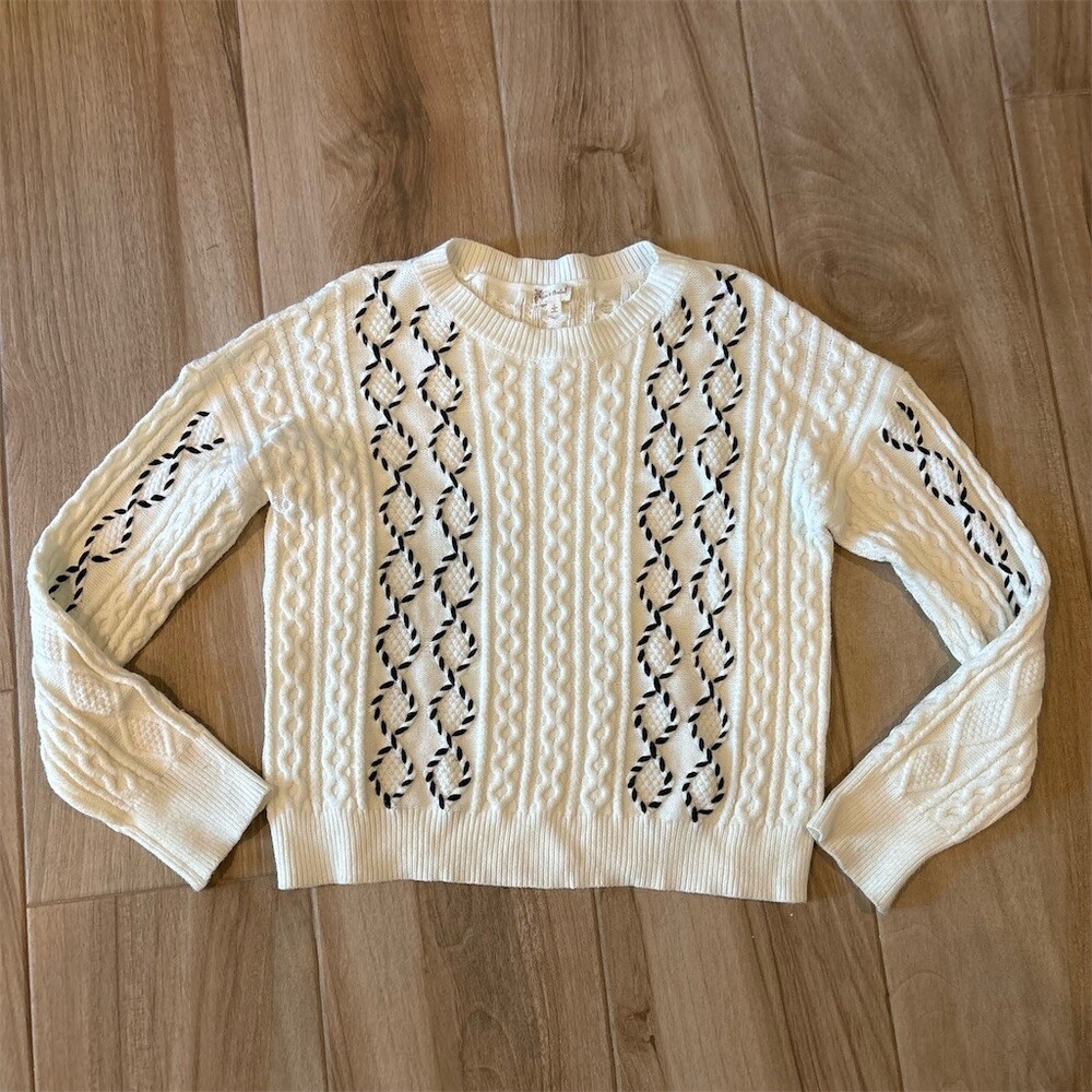 Hem & Thread Womens Cable-Knit Pullover Sweater Ivory Crew Neck Size L